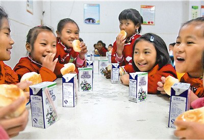 12月13日,云南沧源县民族小学的孩子们正在吃营养早餐,当日的早餐是一块面包和一盒纯牛奶。 12月13日,云南沧源县民族小学的孩子们正在吃营养早餐,当日的早餐是一块面包和一盒纯牛奶。